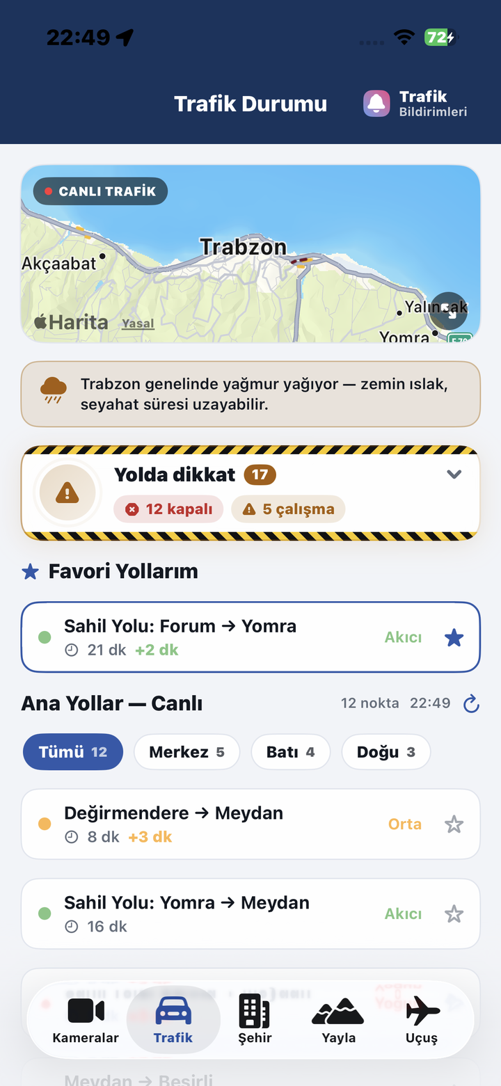 Trabzon trafik durumu ekranı